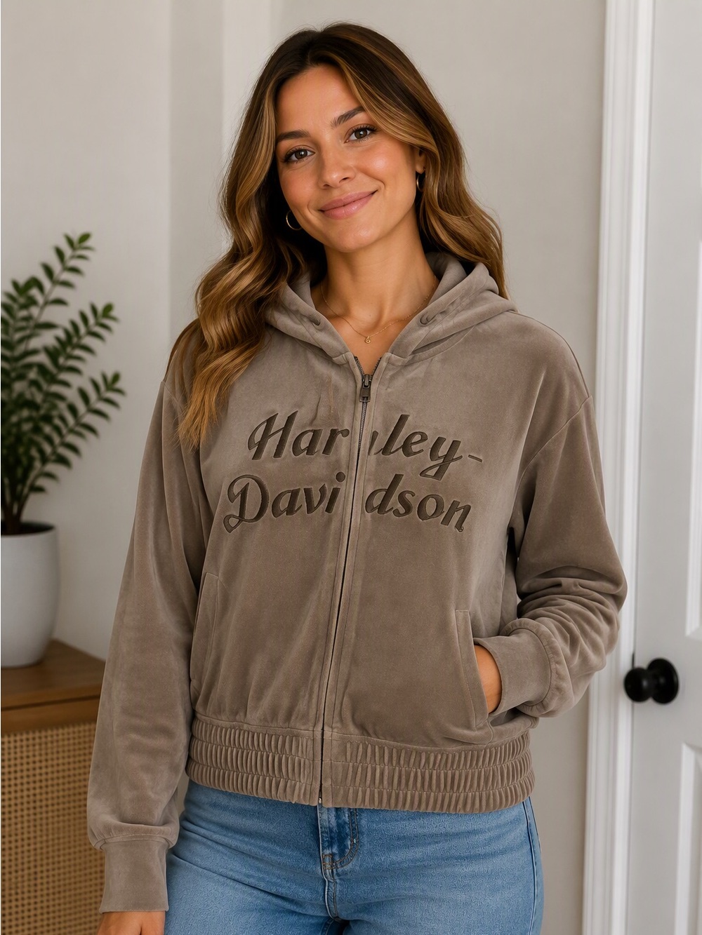 Harley-Davidson Taupe Velour Zip Hoodie Jacket